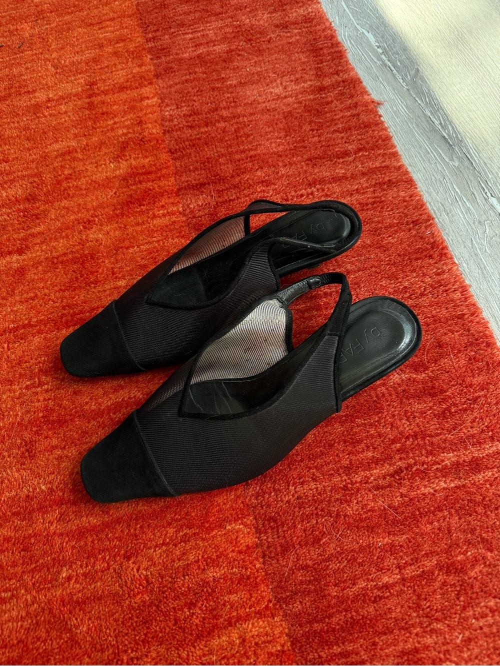 BY FAR Black Slingback Mesh Kitten Heels